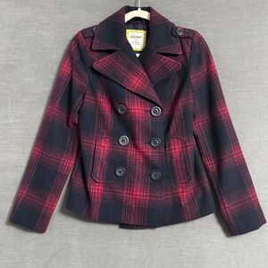 Vintage Old Navy Coat Womens XL Red Plaid Wool Cropped Trench Pea 90s y2k‎ Goth